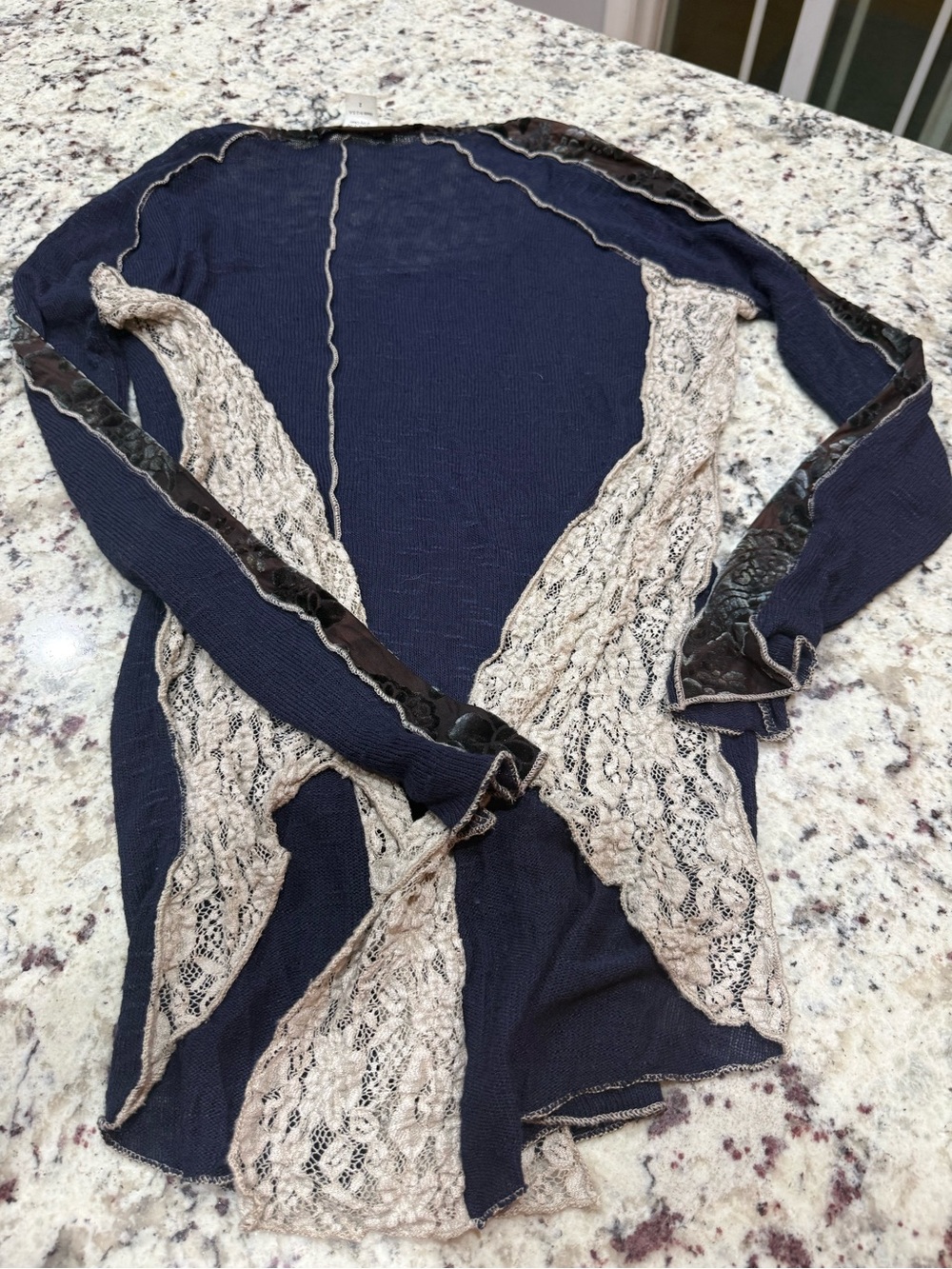Navy Lace-Trim Open Front Cardigan